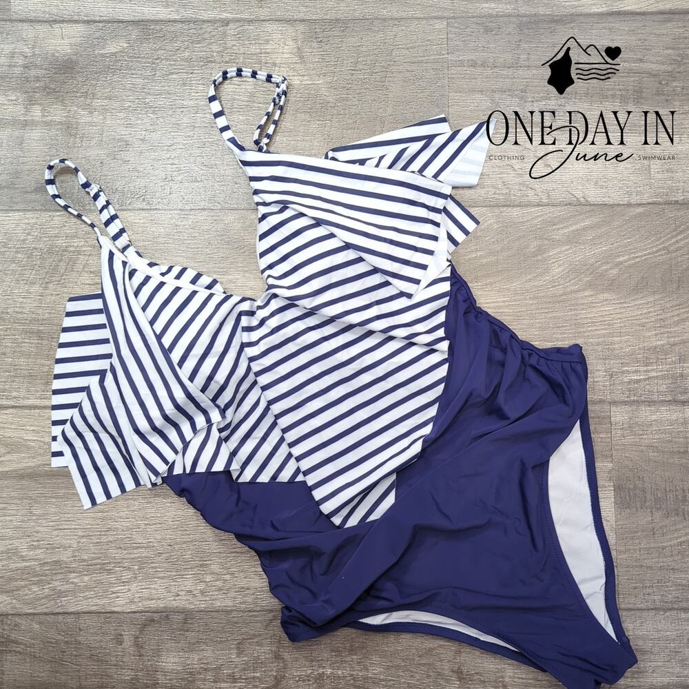 Adisputent Tummy Control Flounce One Piece Swimsuit Navy Stripe Size XXL